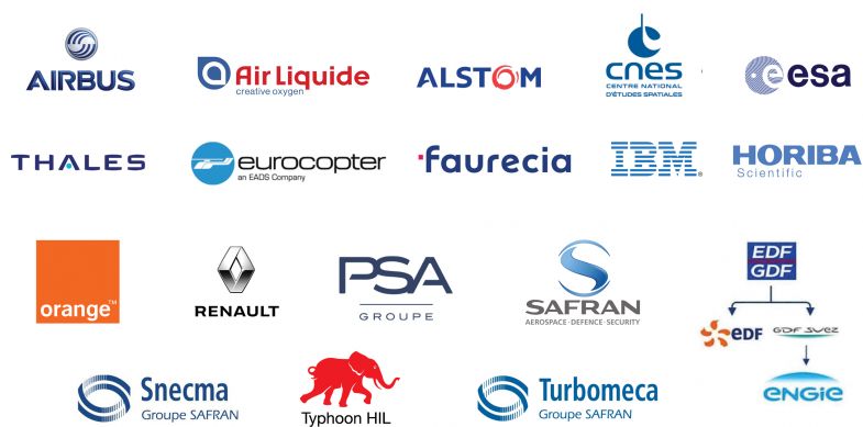 Logos : Airbus, Air Liquide, Alstom, CNES, Esa, EDF, GDF suez, Engie, Eurocopter, Faurecia, Horiba, IBM, Orange, PSA, Renault, Snecma, Thales, Safran, Turbomeca.